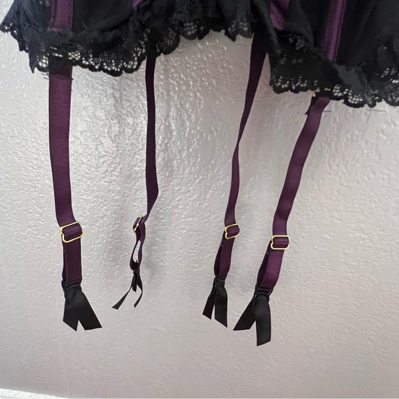 Lovehoney black & purple underwire, padded basque set w/lace thong; sz l nwot - Picture 8 of 14